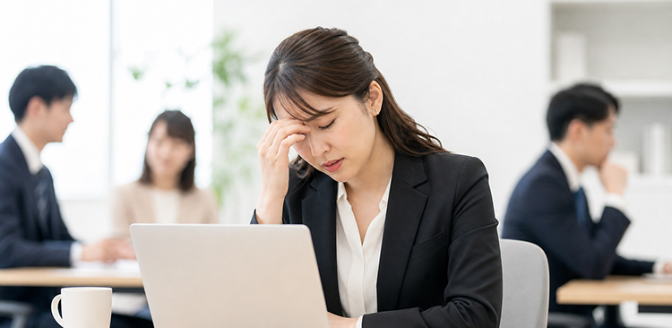 デスクワークで疲れ、頭を抱える女性
