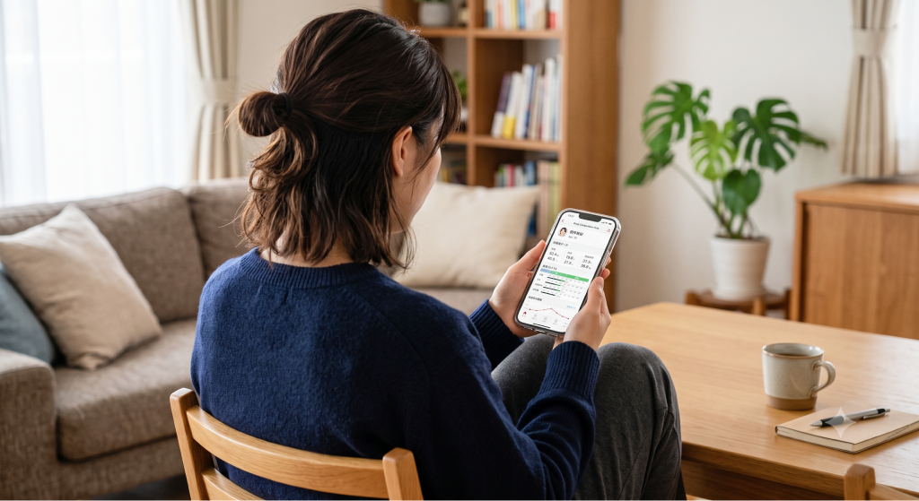 スマートフォンで測定データを確認する女性